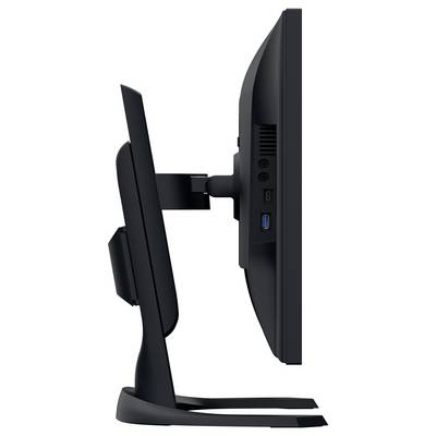 Sidevisning af en monitor på et justerbart stativ, som viser skærmen monteret på basen og de bageste porte og ventilationshuller på displayet.