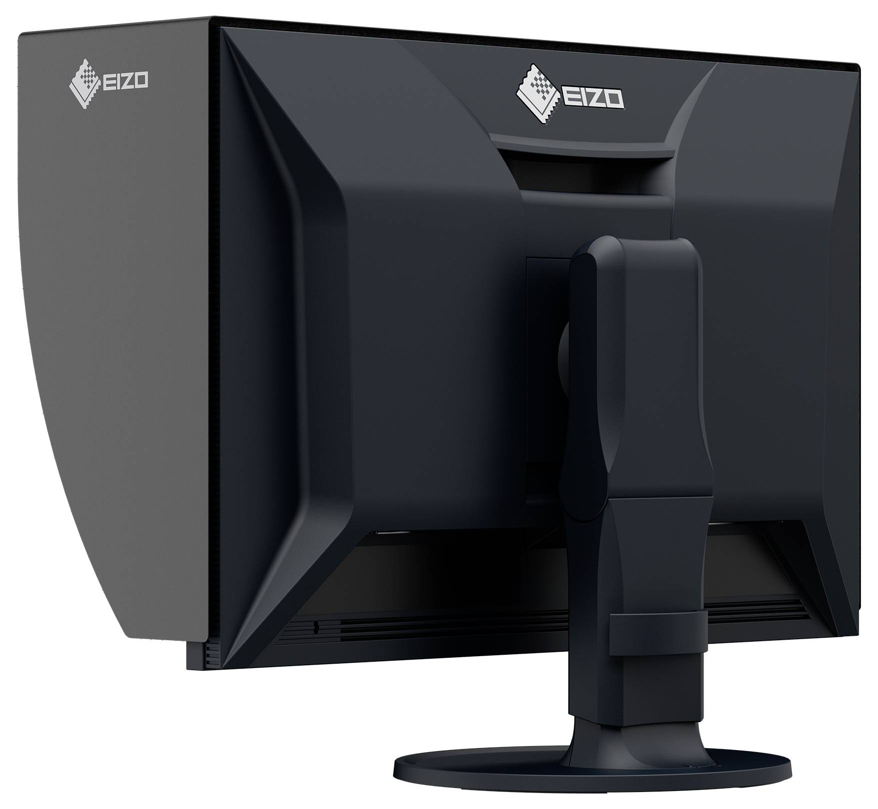 Bagtilsynet af en sort EIZO-computermonittor på et stativ, der viser designet på bagsiden og den centrale montering.