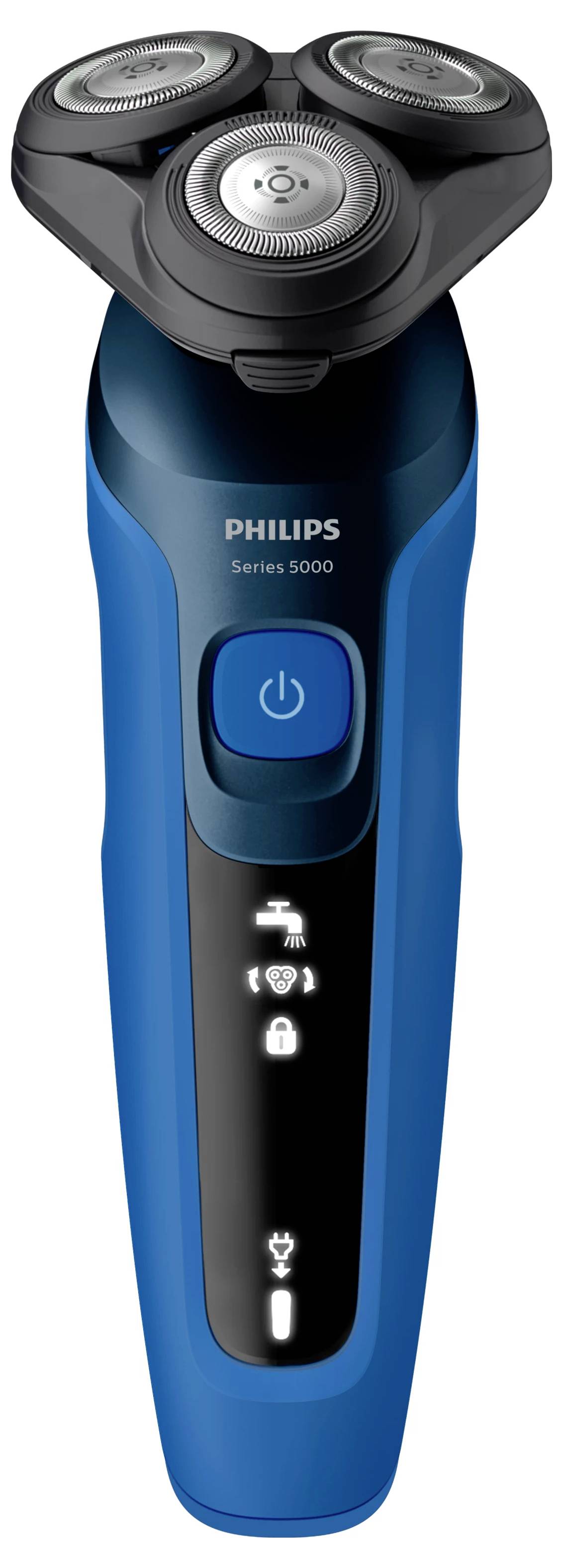 Philips Serie 5000 elektrisk barberkniv med tre roterende hoveder, strømknap, batteri- og rejselås-indikatorer samt pop-up-trimmer.