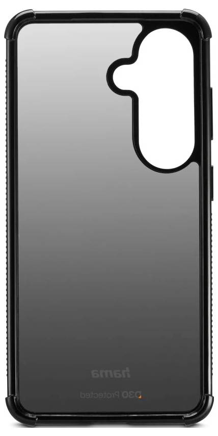 Sort iPhone-etui med transparent bagside og stort kameraluk, vist bagfra.