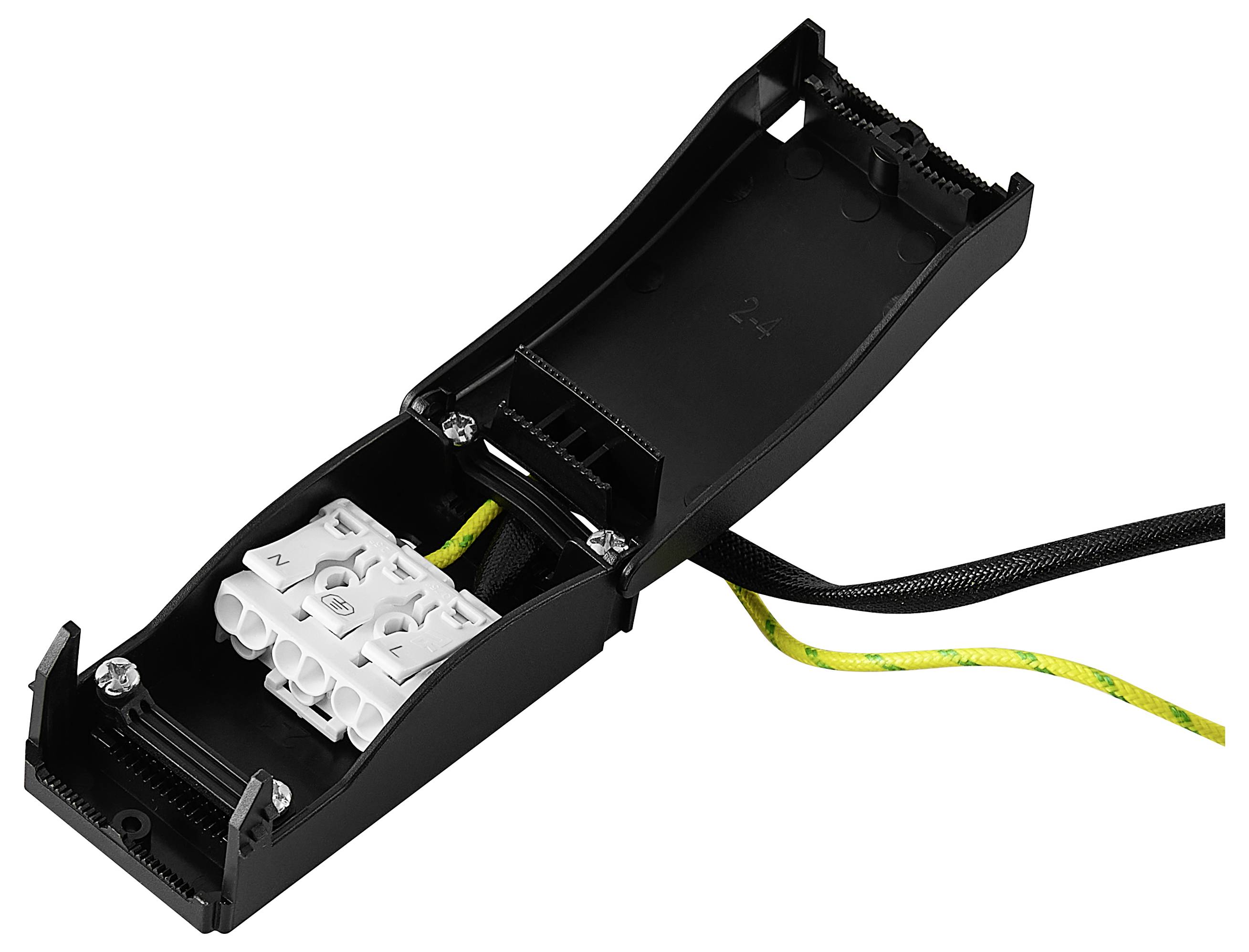 Hvidt indbygnet LED-spotarmatur med to grå ledninger og fjederclips til montage i loft, vist bagfra.