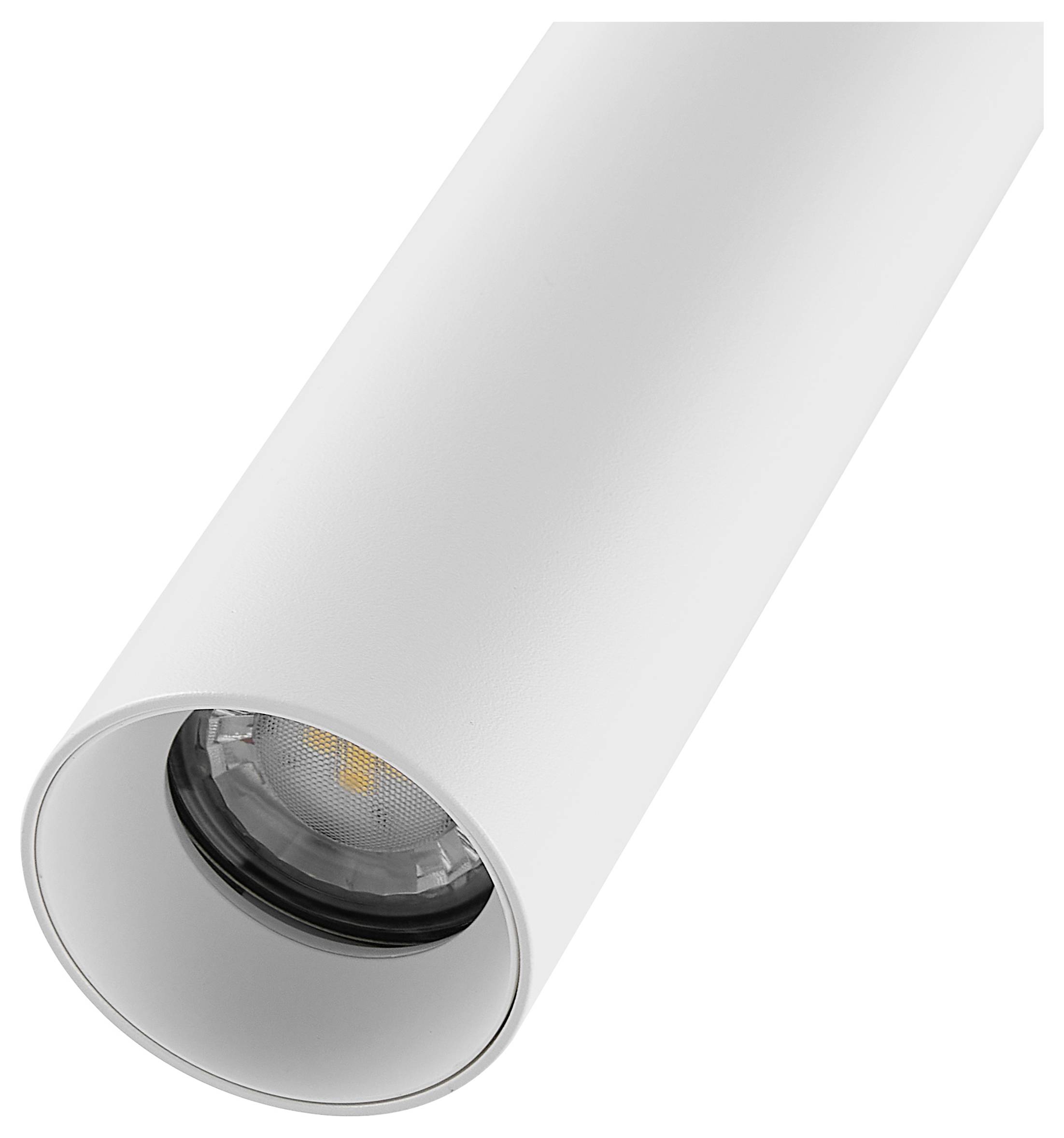 Hvid cylindrisk loftspot med en indsænket LED-pære, vist i en vinkel på en ensfarvet baggrund.