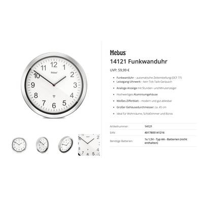 Produktbillede af et Mebus 14121 analogt radio-væg ur, sølvramme med hvid urskive og sorte arabiske tal, 45 cm diameter, med produktdetaljer og pris EUR59,99 vist.