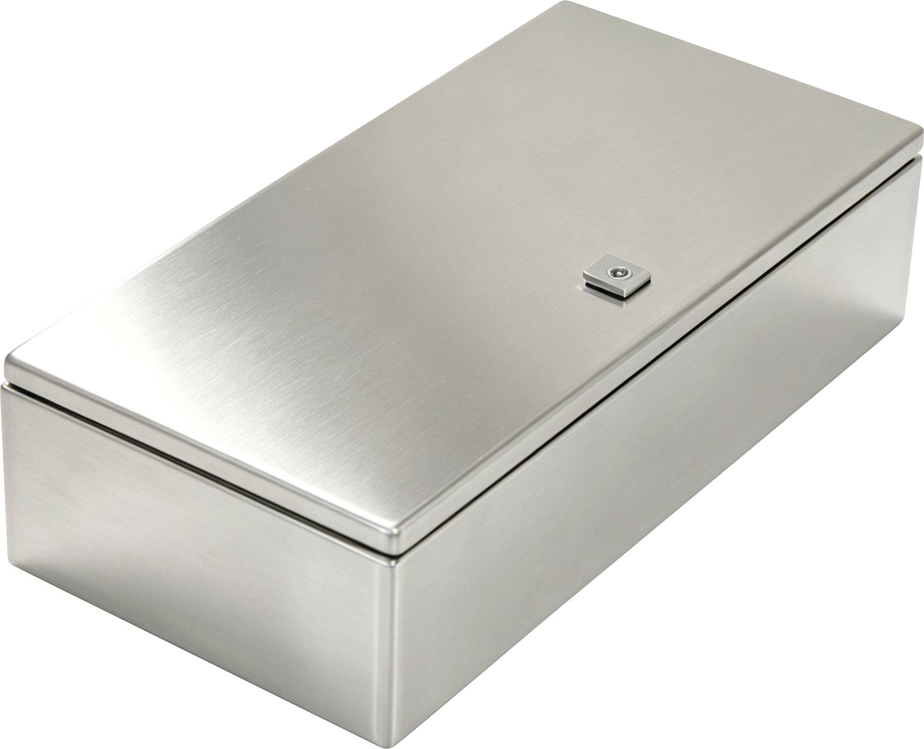 Rektangulær stålbox af rustfrit stål med hængslet låg og lille lås, vist på hvid baggrund.