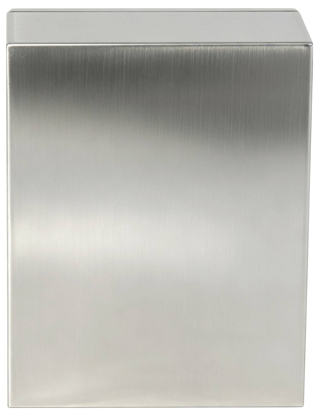 En simpel rektangulær boks eller skab i rustfrit stål med børstet metalfinish, vist forfra mod en hvid baggrund.