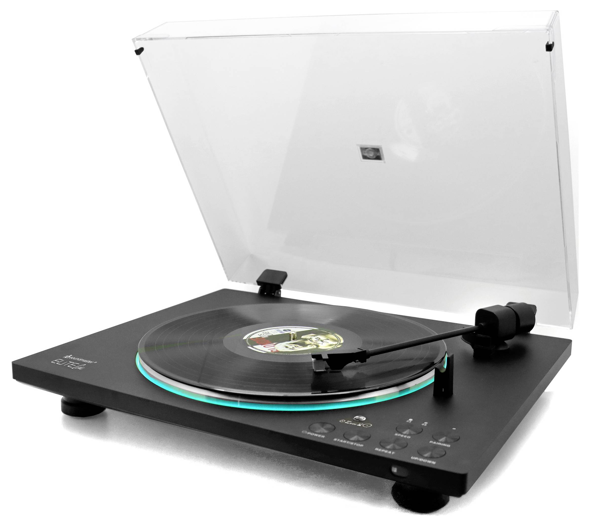 Sort pladespiller, der afspiller en vinylplade med et klart støvdæksel åbent.
