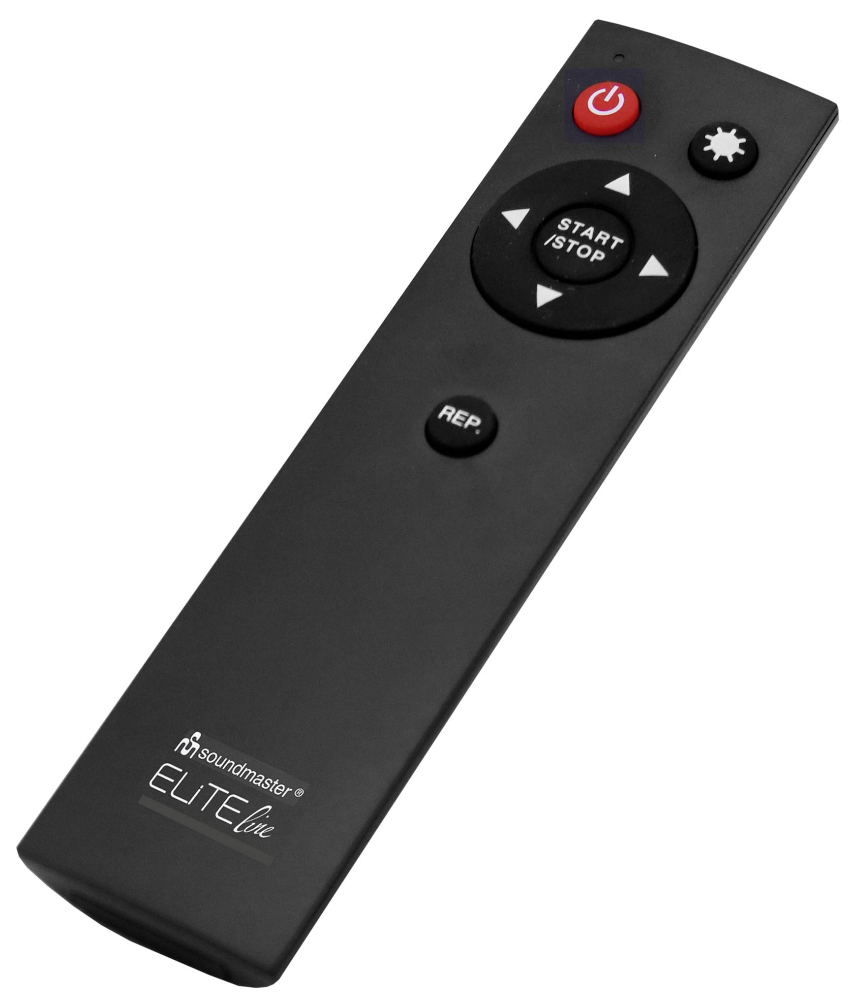 Sort fjernbetjening med power-, indstillings- og start/stop-knapper, mærket Soundmaster EliteLine og REP.
