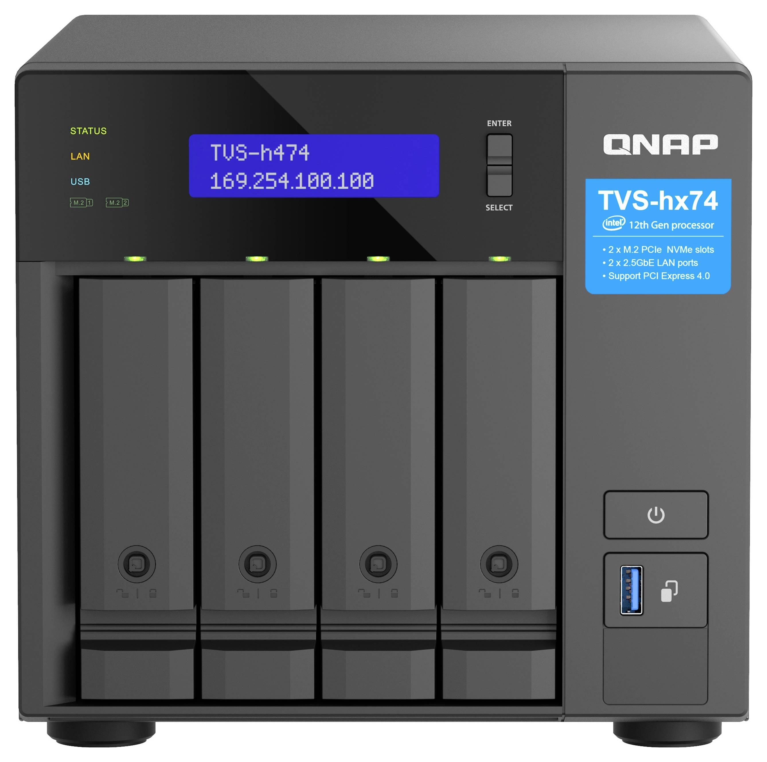 Frontal visning af en QNAP TVS-hx74 NAS med fire drevbays, statuskort viser 'TUS-h474' og IP-adresse 169.254.100.100.