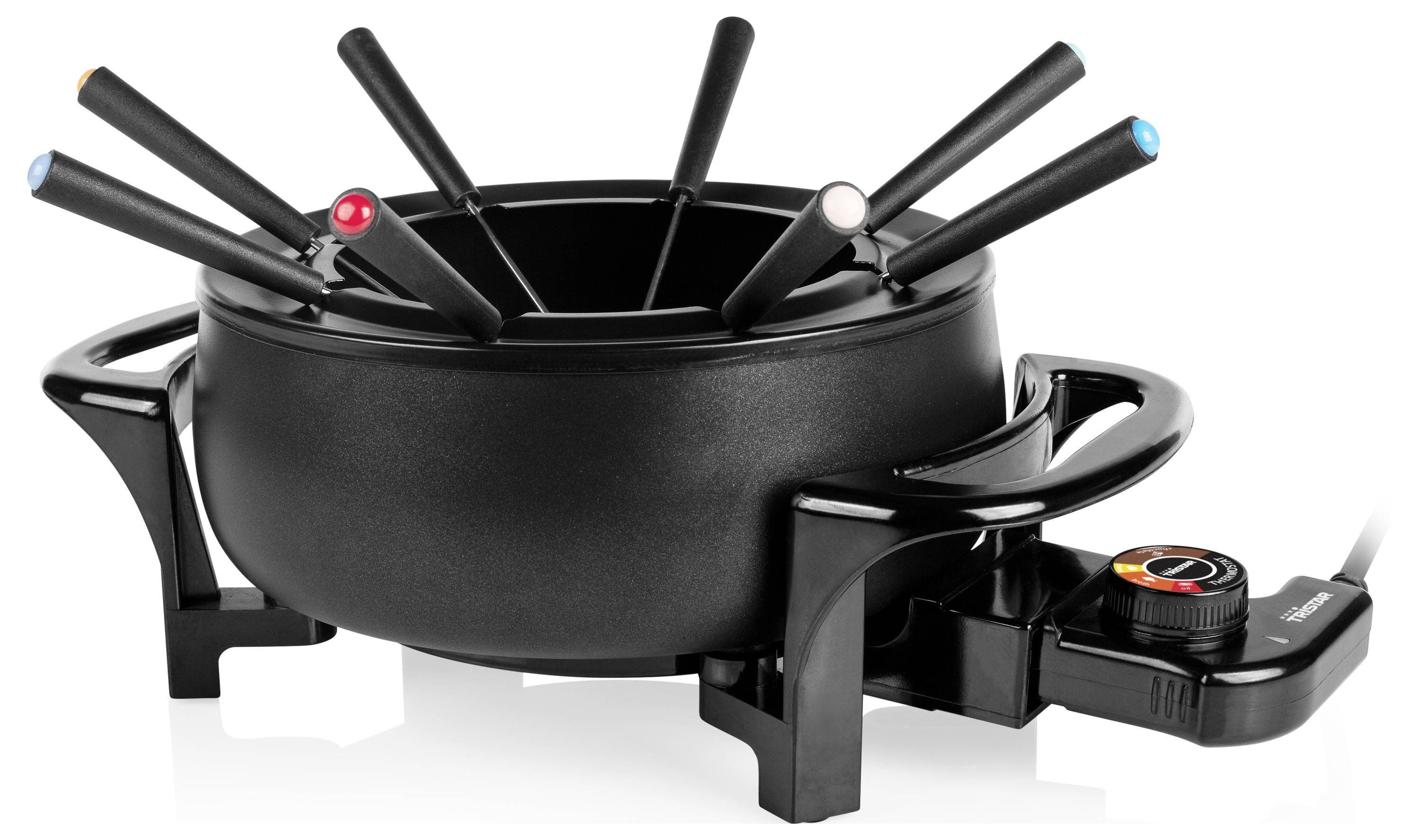 Sort elektrisk fondue-gryde med seks spidde på en stativ, der viser et temperaturkontrol-drejeknap og strømbasis på hvid baggrund.