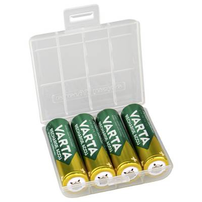 Plastikbatteriholder med fire grønne VARTA-genopladelige AA-batterier med plus- og minusstift synlige.