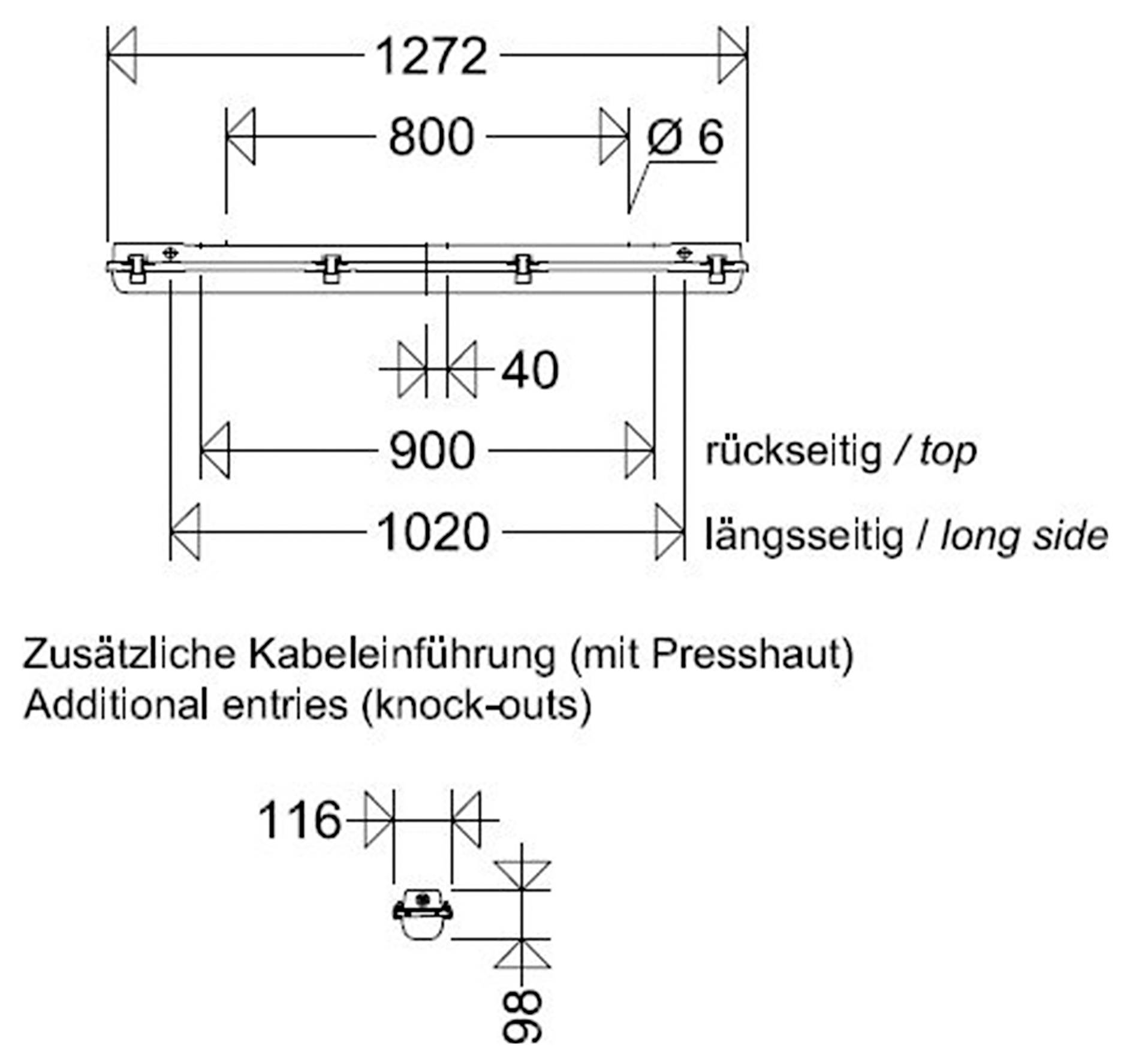Teknisk dimensionseringstegning af et rektangulært armaturfixtur, der viser bredder på 1272, 1020, 900, 800 og huldiameter Ø6, plus yderligere kabelindgangsudrivninger mærket 116 gange 98.