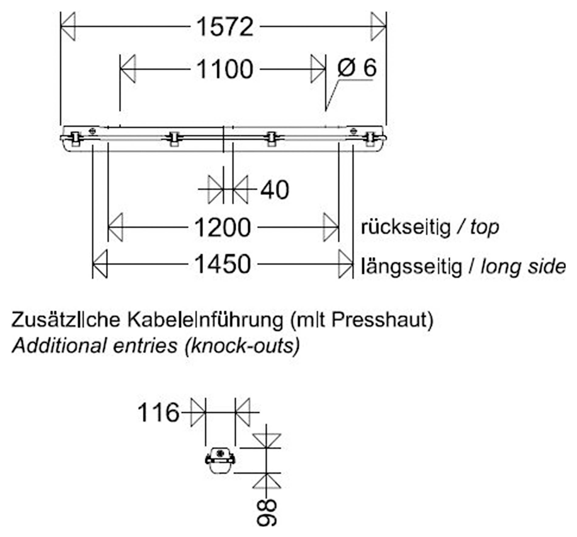 Teknisk dimensionstegning af et rektangulært panel eller dæksel viser bredde- og monteringsmål: 1572, 1100, 1450, 1200, 40 og Ø6, plus 'Yderligere indgange (knock-outs)' med 116 og 98.