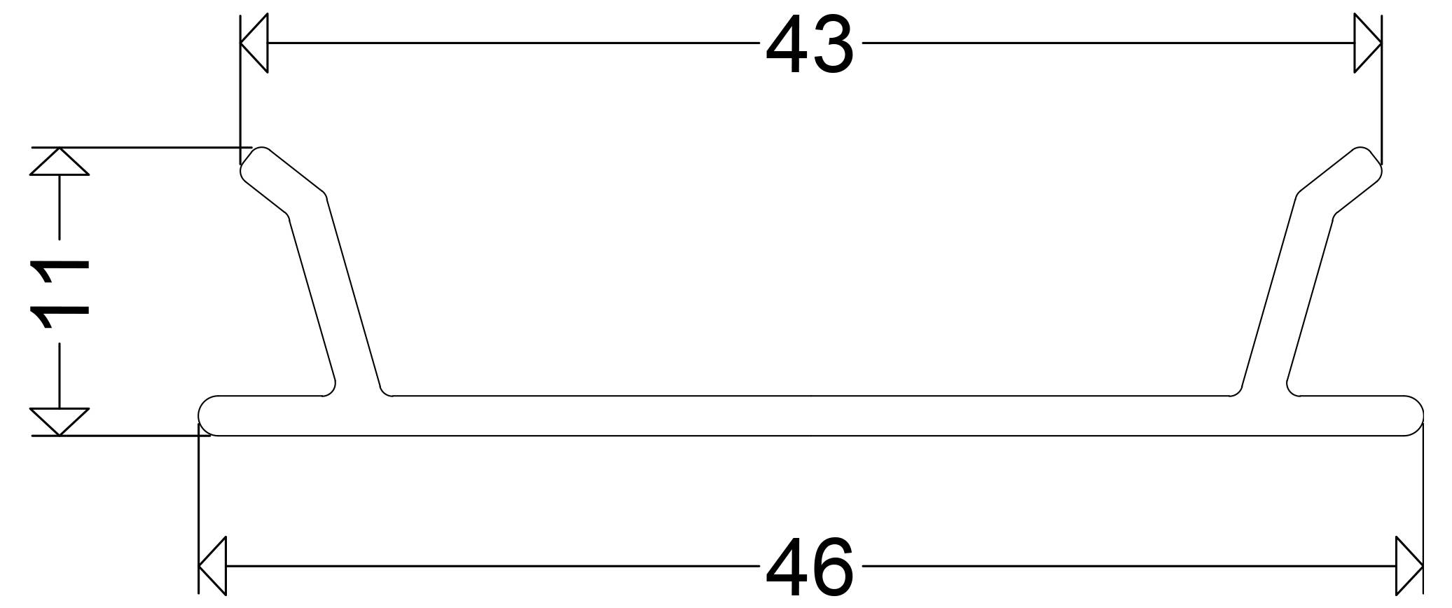 Teknisk tegning af en bakkelignende del med hævede sidetabs, der viser dimensioner 43, 46 og 11.