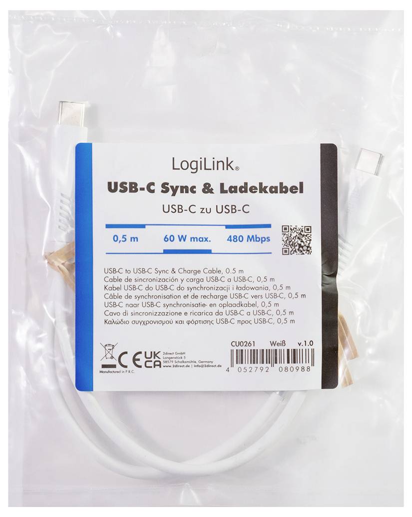 Pakke med LogiLink USB-C synkroniserings- og opladningskabel, USB-C til USB-C, 0,5 m, maks. 60 W, 480 Mbps.