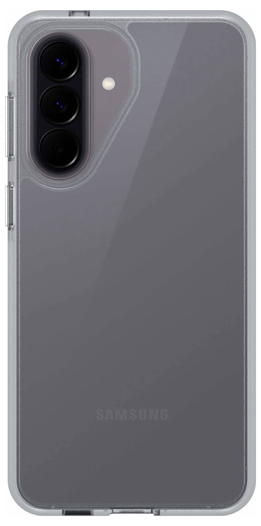 Transparent beskyttelsescover på en Samsung-smartphone, der viser det bageste triple-kameramodul og blitsen.