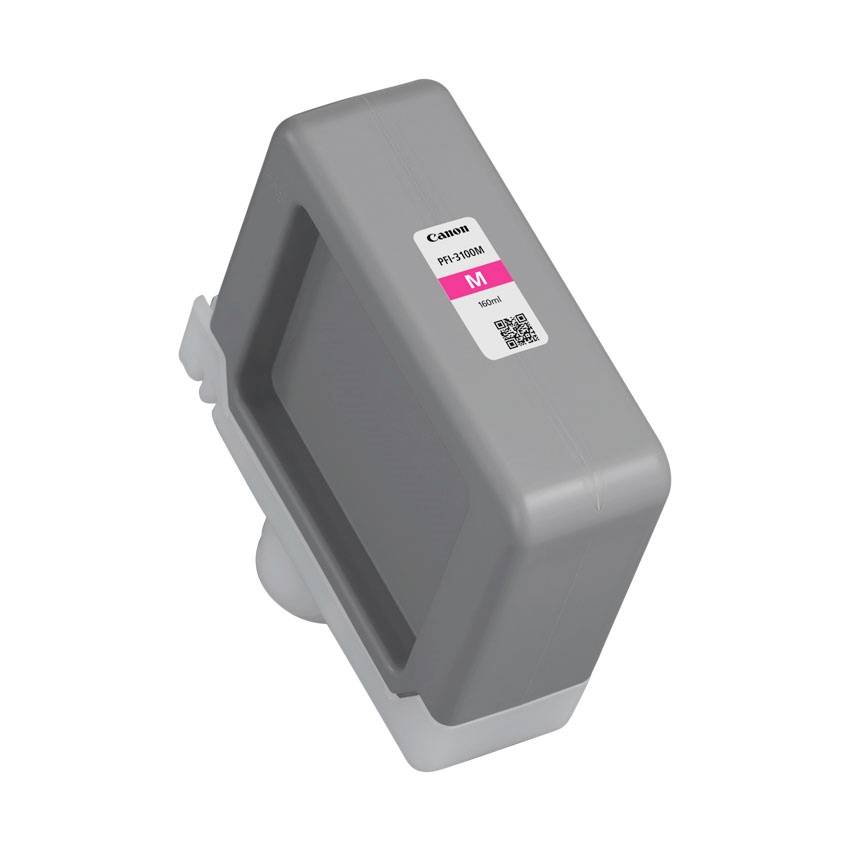 Grå Canon-printerblækpatron mærket 'M' for magenta, vist isoleret på hvid baggrund.