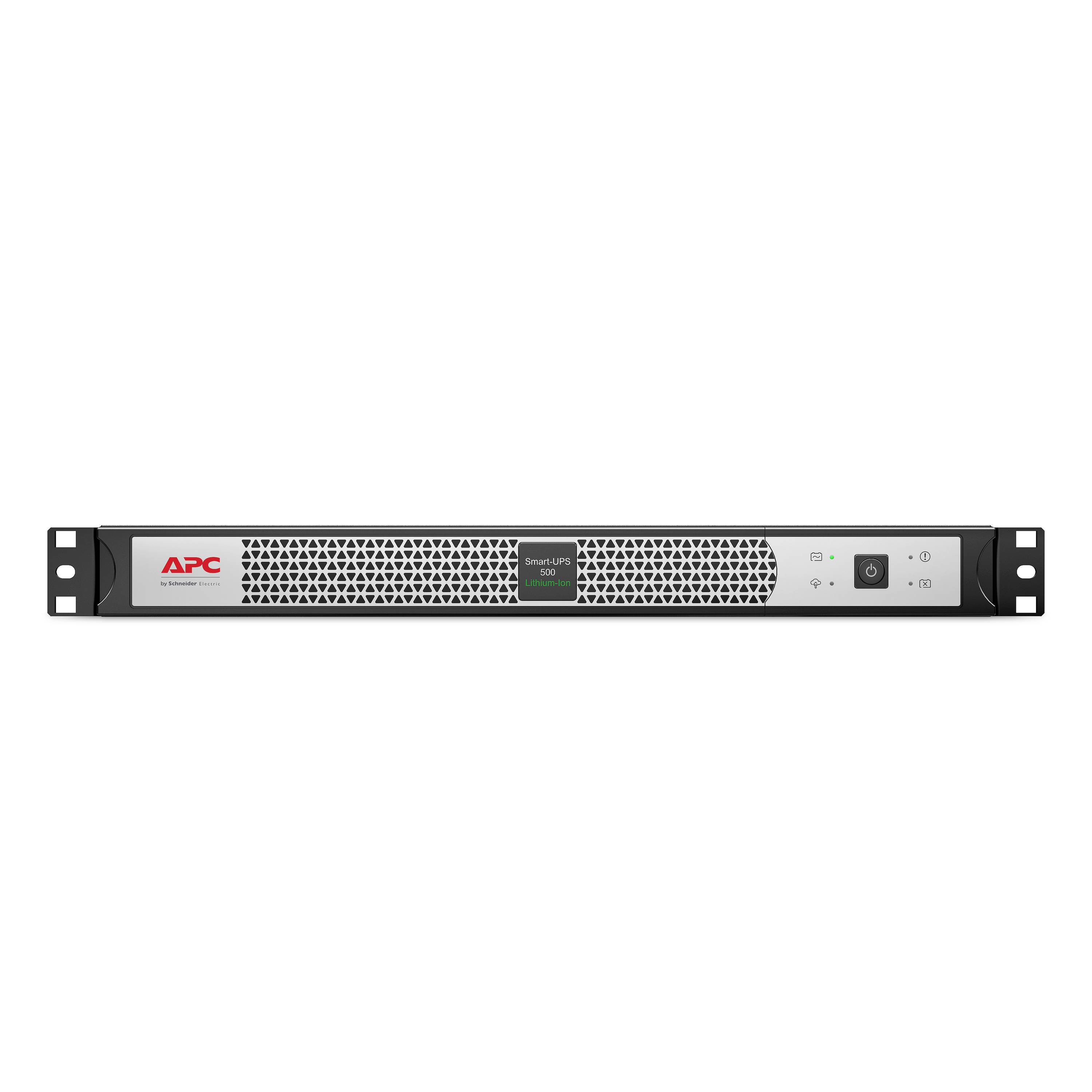 Frontalvisning af en APC Smart-UPS rackmonteret enhed med et perforeret gitter, statuslamper og en strømknap på en hvid baggrund.