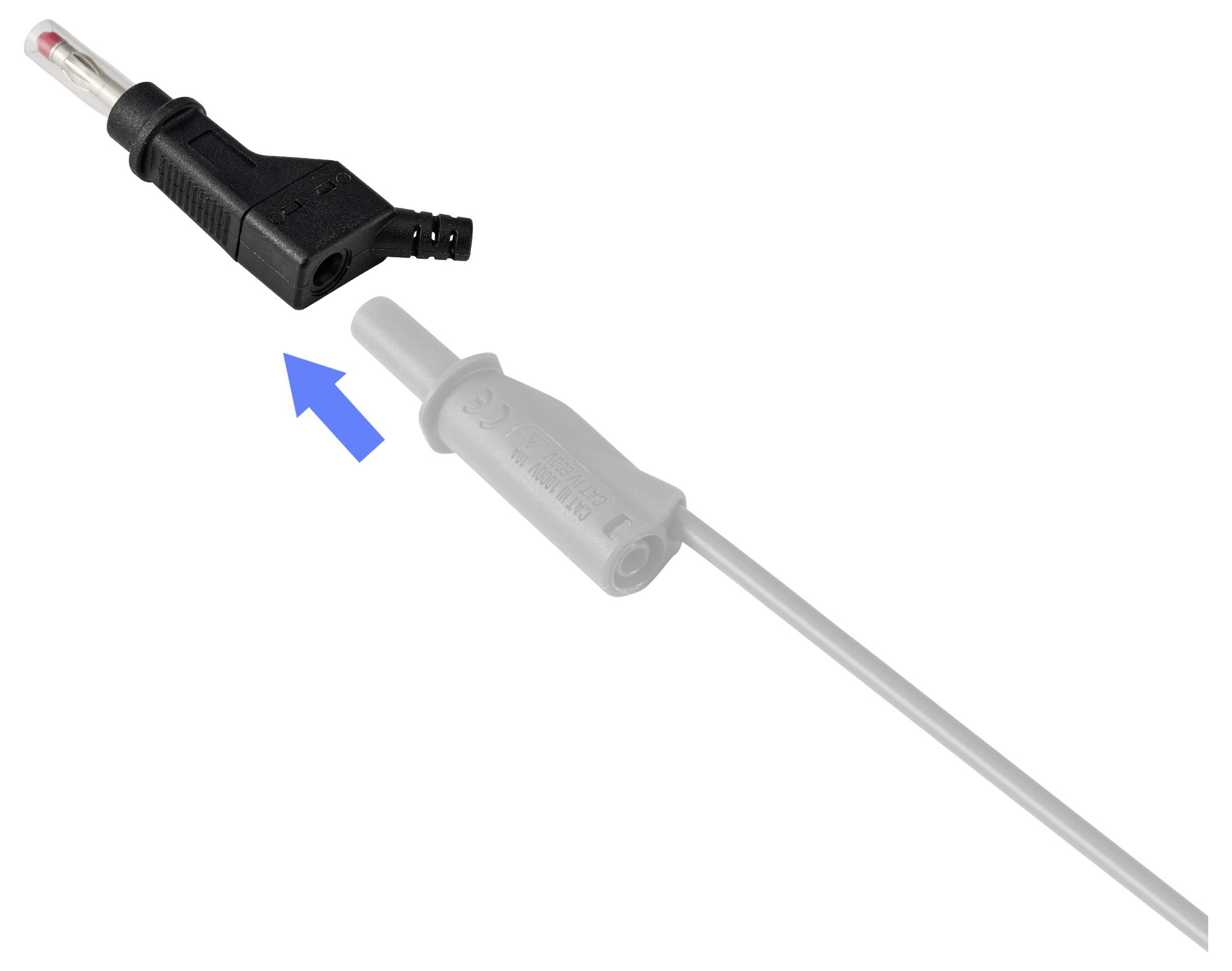 Detaljeret billede af en elektrisk stik, der indsættes i en matchende probeslange, angivet af en blå pil.