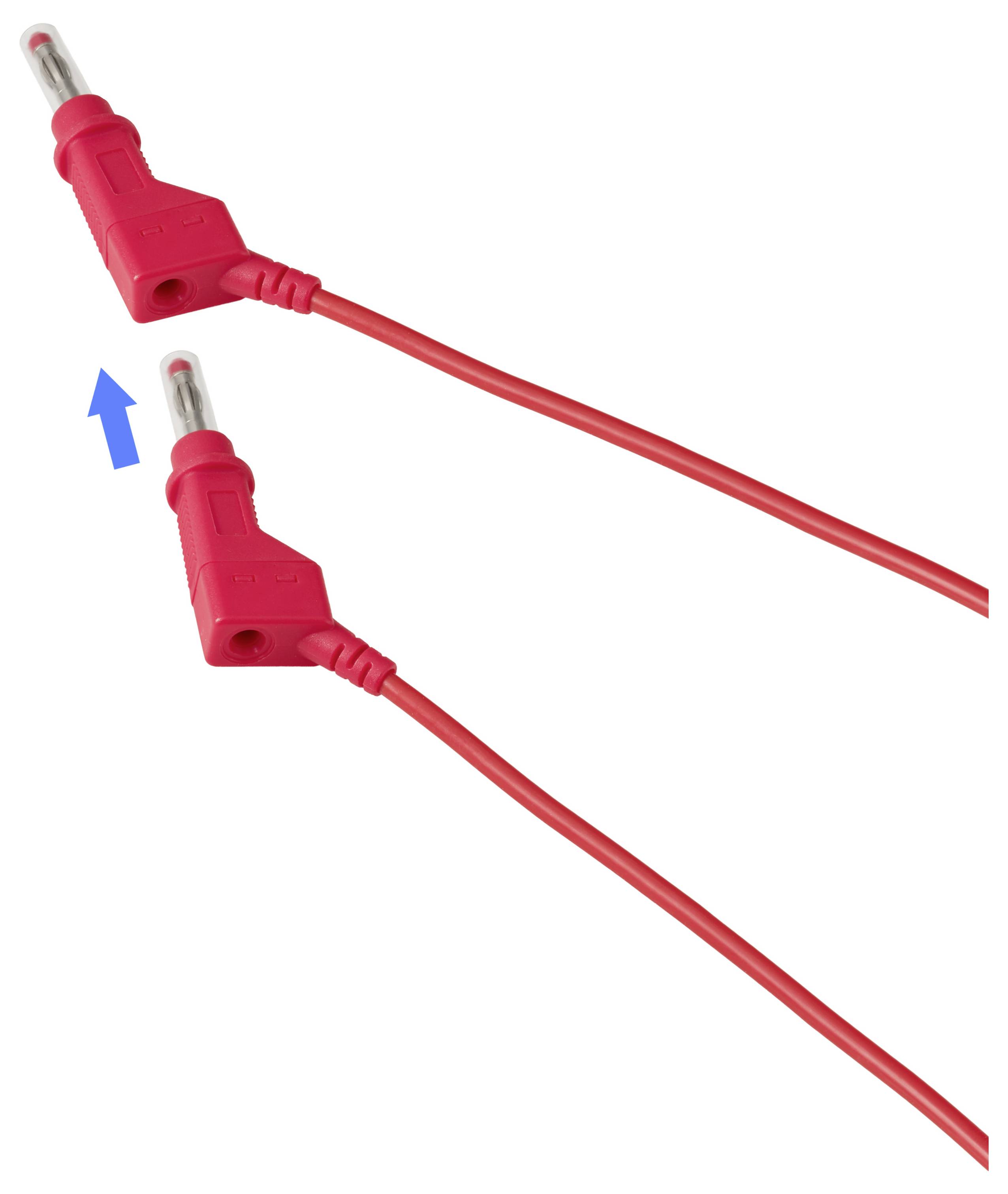 Rødt elektrisk stik-kabel vist i to positioner, med en blå pil der angiver, at det nederste stik sættes ind i det øverste fatning.
