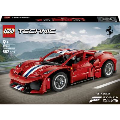 LEGO Technic Ferrari 488 Pista sætæske-kunstværk viser en rød racerbil, alder 9+, sæt 42235, 882 brikker, og Forza Horizon 6-branding.