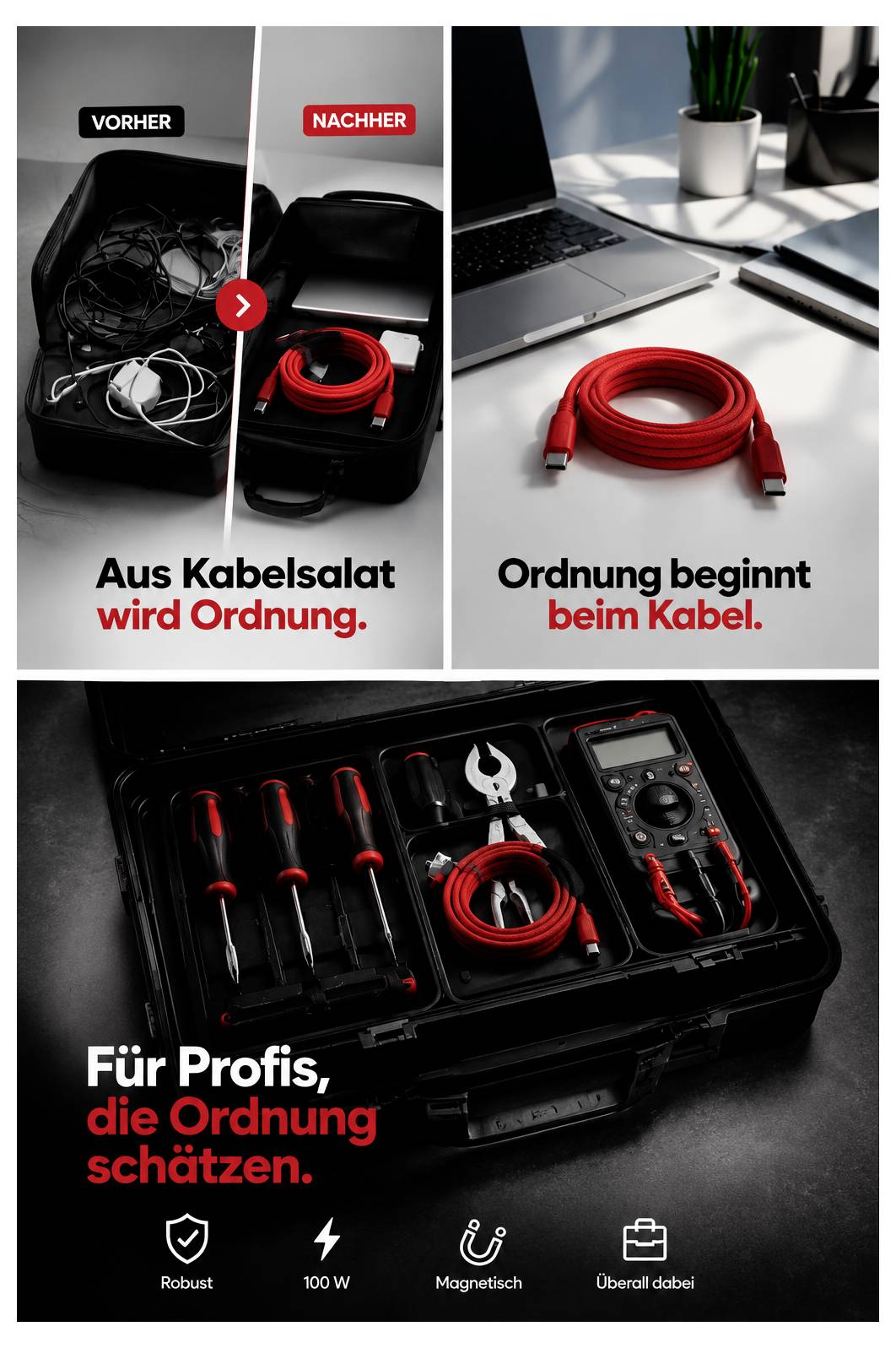 Reklamebillede, der viser kabelholderprodukter: før-og-efter-tilfælde med rodede kabler erstattet af et pænt rødt kabel, plus en værktøjskasse til professionelle.