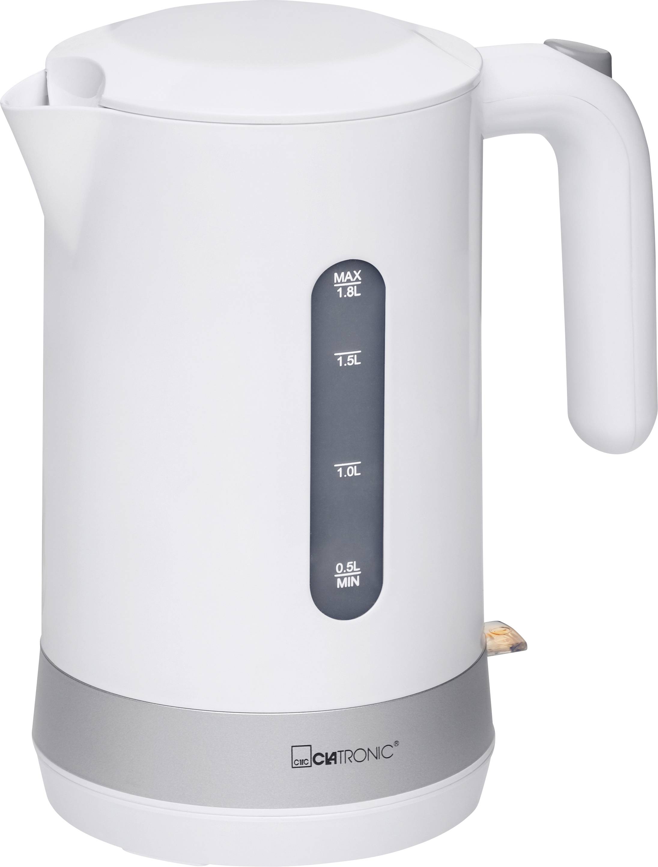 Hvid elektrisk kedel med vandstandsvindue markeret MAX 1.8L, 1.5L, 1.0L og 0.5L MIN, plus håndetag og logobase.