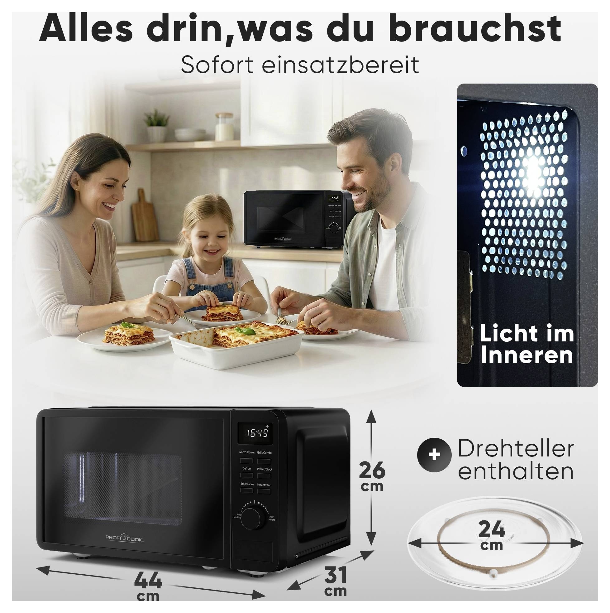 Reklamebillede af et mikrobølgeovn med familie, der spiser; viser "Alt det, du har brug for", "Klar til øjeblikkelig brug", "Indvendigt lys", roterende tallerken inkluderet og dimensioner 44 x 31 x 26 cm.