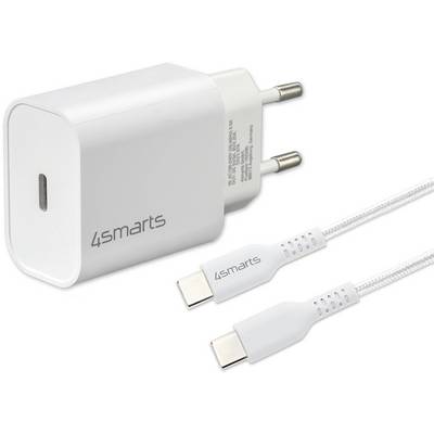 Hvid 45watts USB-C vægoplader med tostift stik og flettet USB-C-kabel vist på hvid baggrund.