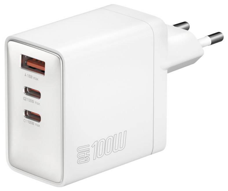 Hvid 100W vægoplader med to-stiftet stik og tre USB-C-porte, mærket med 100W maksimal udgang.