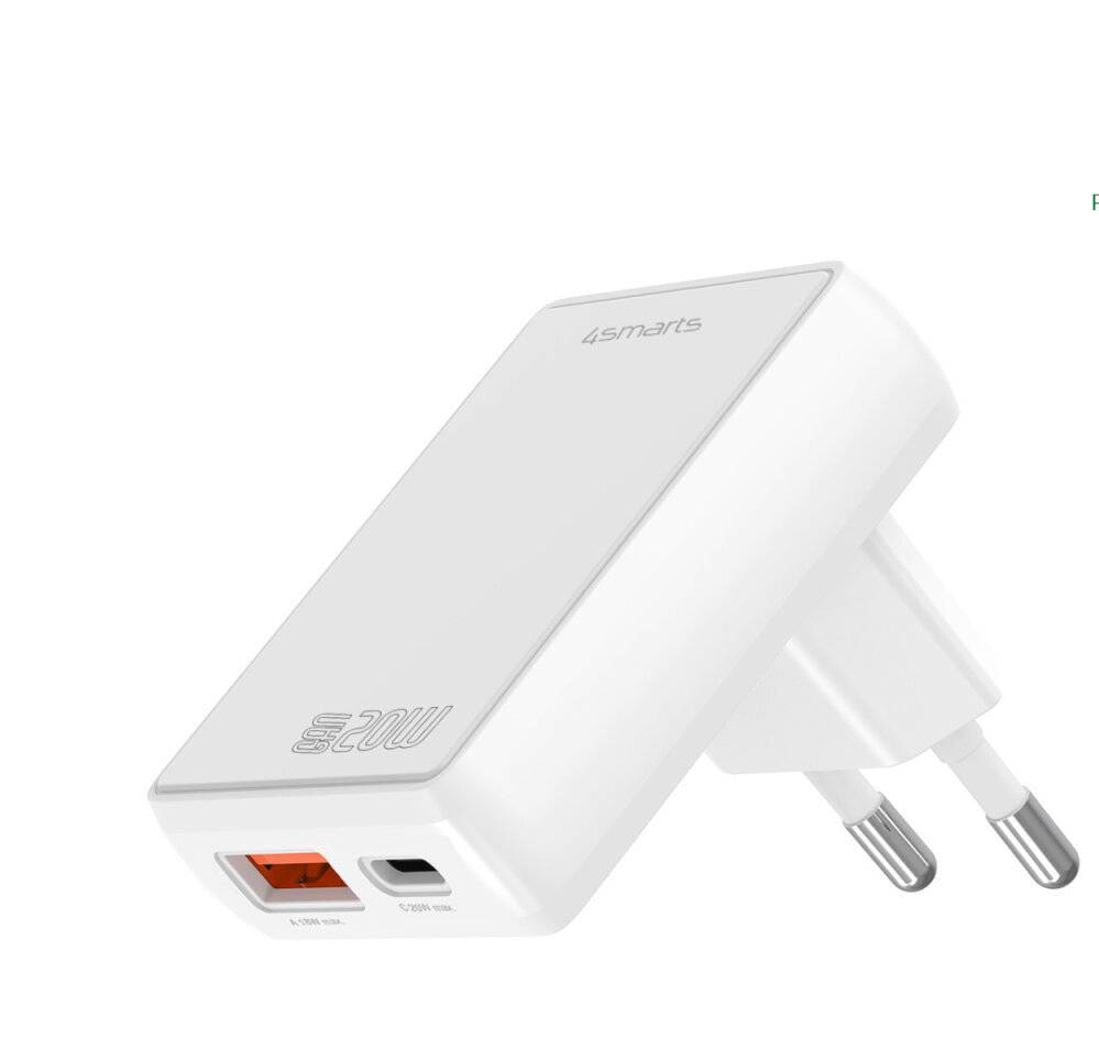 Hvid 4smarts vægoplader med EU-stik og to frontporte: orange USB-A og USB-C.