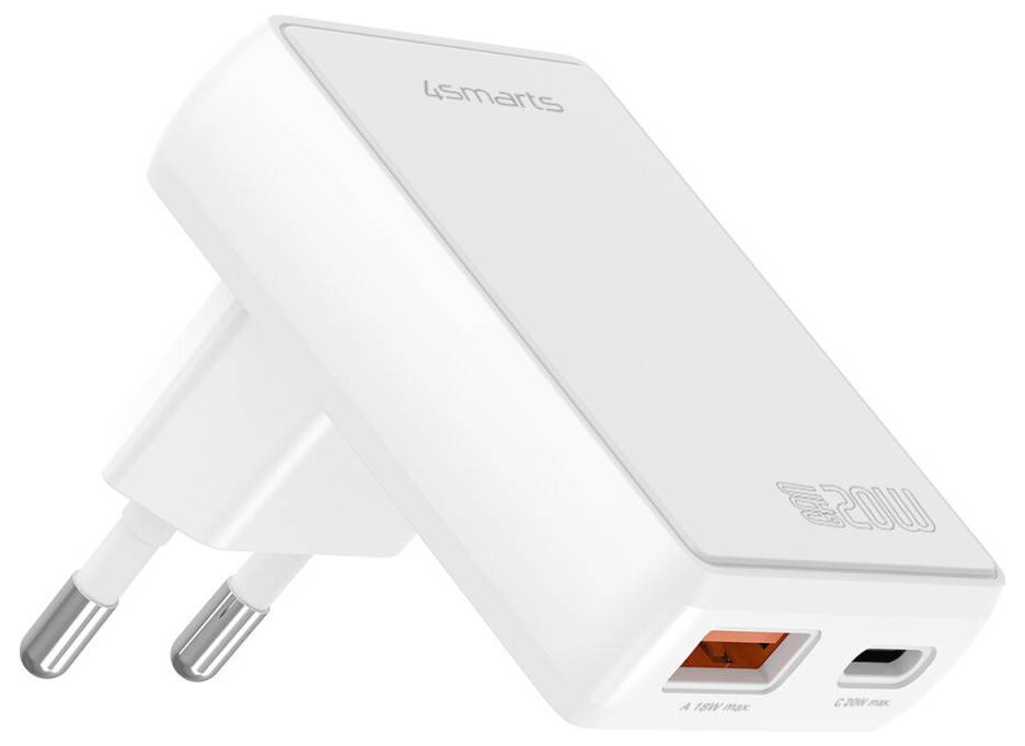 Hvid KSMARTS vægoplader med to EU-stikben og to frontporte, inklusiv en orange USB-A og en USB-C-port.