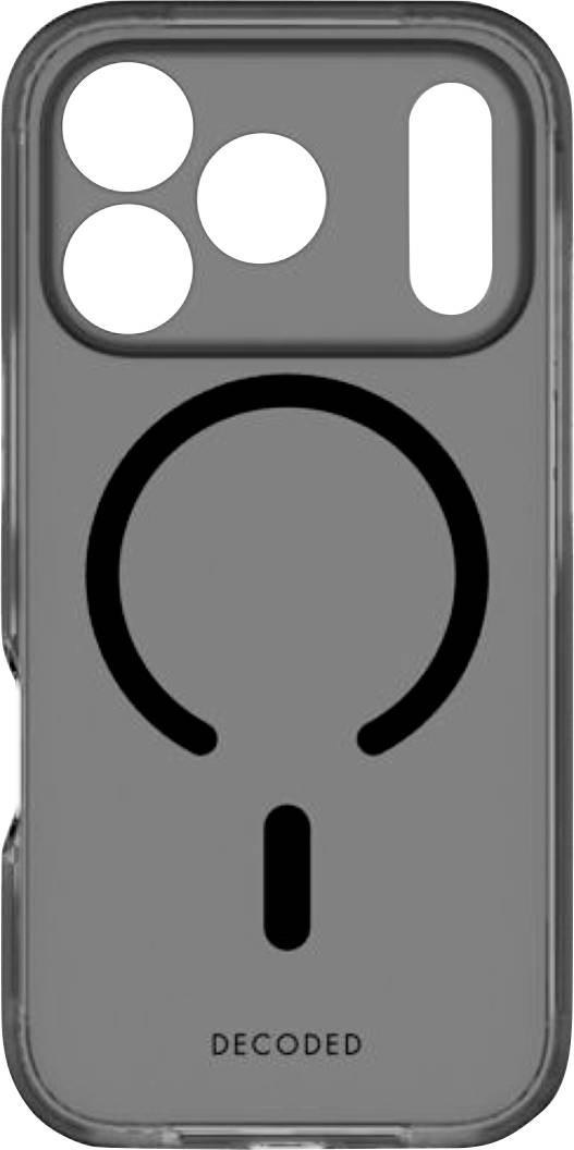 Et gråt smartphonecover med en stor sort cirkulær MagSafe-lignende ring og mindre justeringsmærker nær toppen, mærket "DECODED" nederst.