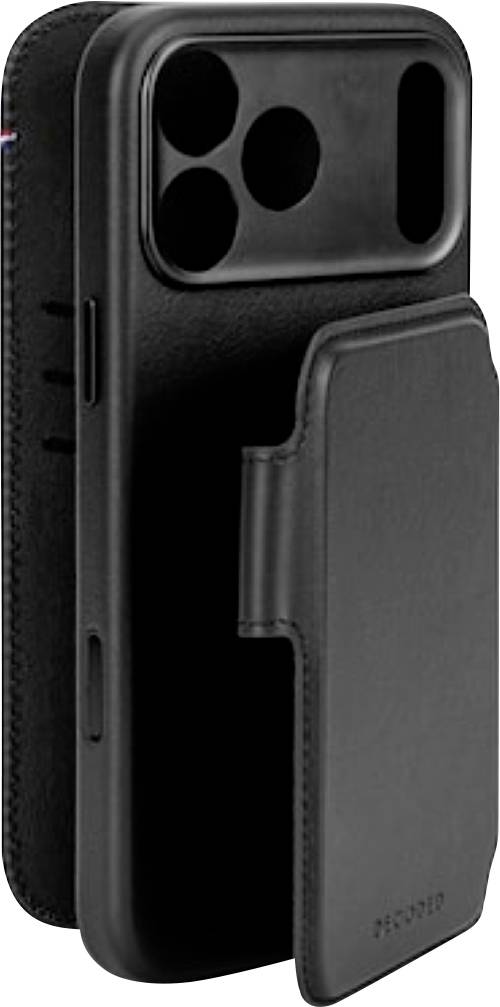 Sort telefoncover med en forhøjet triple-kamera-udskæring og et vedhæftet frontklappe/dæksel, vist i en produktstiliseret visning.
