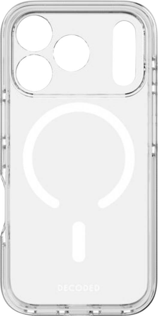 Klar telefoncover med MagSafe-ring og store kameraudskæringer, vist forfra på en ensfarvet baggrund.