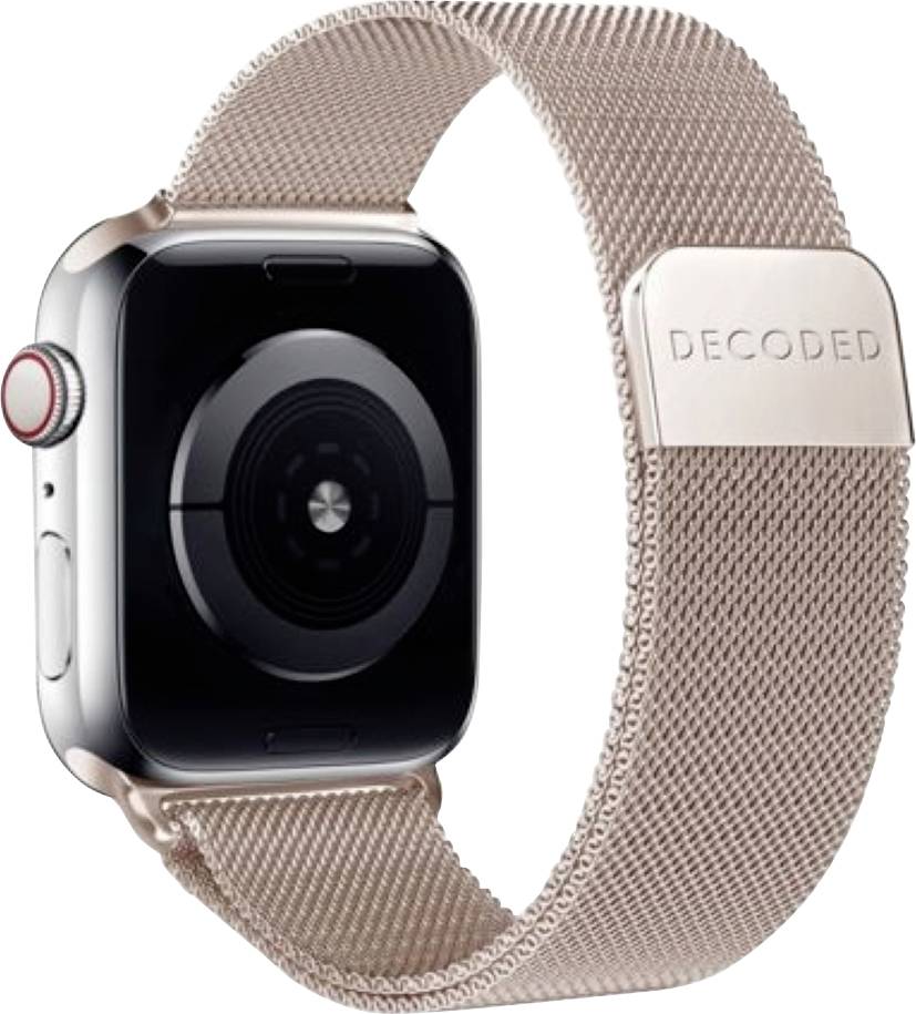 Rosaguld Apple Watch med et mesh-bånd og graveret 'DECODED' lås, vist i produktvisning mod en hvid baggrund.