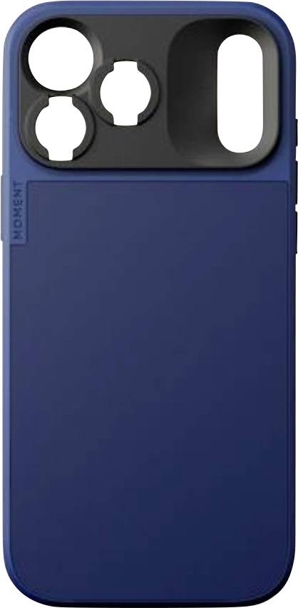 Blåt smartphone-cover med en mørk kameraudskæring til flere linser og en lang blitzåbning.