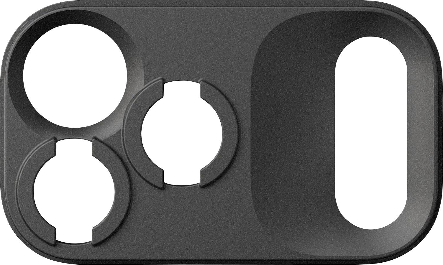 Sort plastic multi-slot holder med tre cirkulære udskæringer på venstre side og en lang afrundet rektangulær slot på højre side.