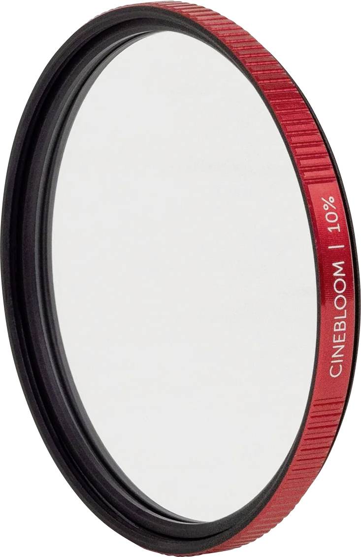 Nærbillede af et rødt kameraobjektivfilter med 'CINEBLOOM | 10%' trykt på kanten mod en hvid baggrund.