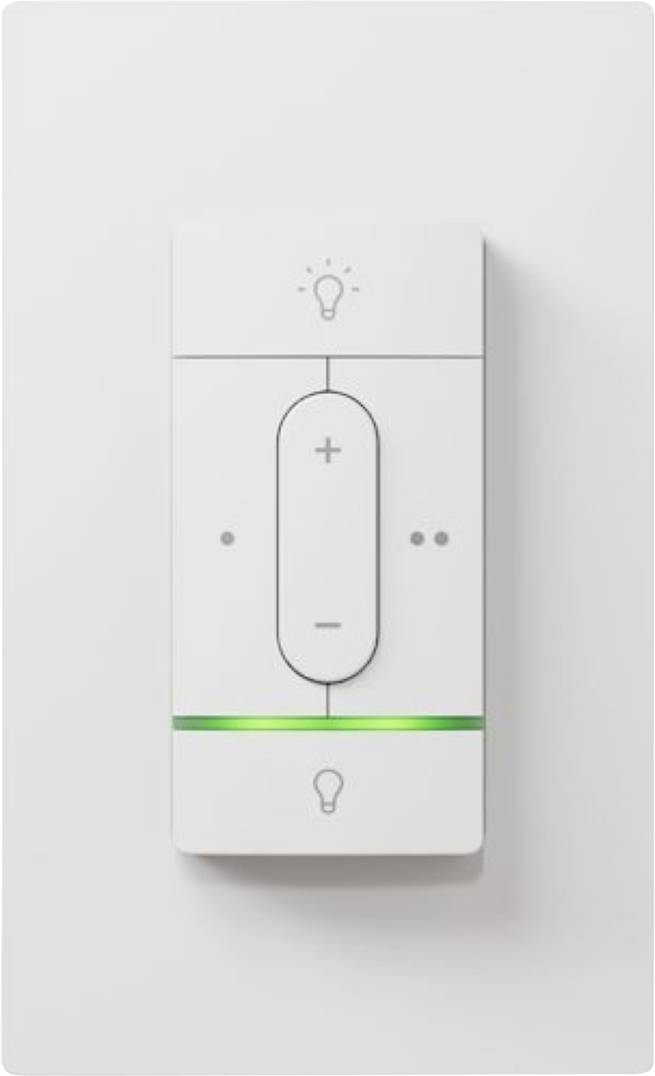 Hvid væglampe med dimmerkontakt med en central plus-/minusglider, pæreikonner og et grønt statusindikatarlys nederst