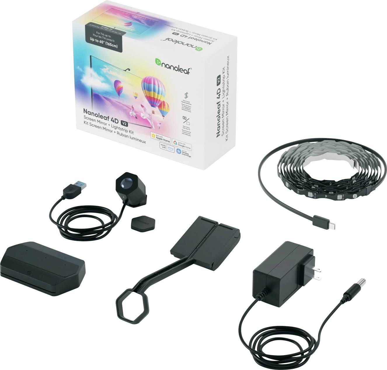 Nanoleaf 4D skærm mirror-kit med produktæske, lysstrips, kontrolmodul, kamera, strømadapter og tilbehør vist på hvid baggrund.