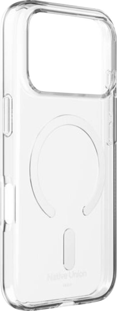 Gennemsigtig telefoncover med stor cirkulær MagSafe-ringudskæring og rektangulær kameraaabning.