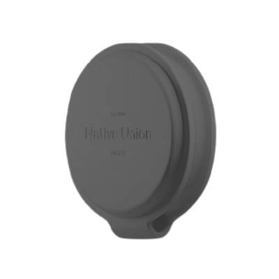 Grå rund silikone kabelorganizer eller taske med præget "Native Union" branding på hvid baggrund.