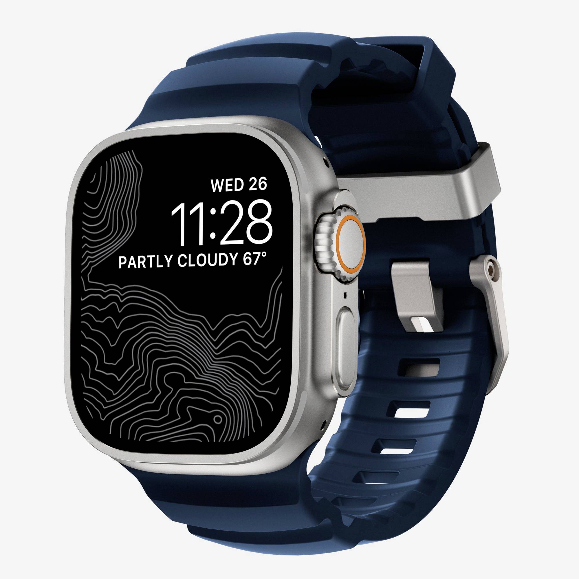 Sølv smartwatch med blåt bånd, som viser 11:28, ons 26 og "Delvis Overskyet 67°" på en sort mønstret display