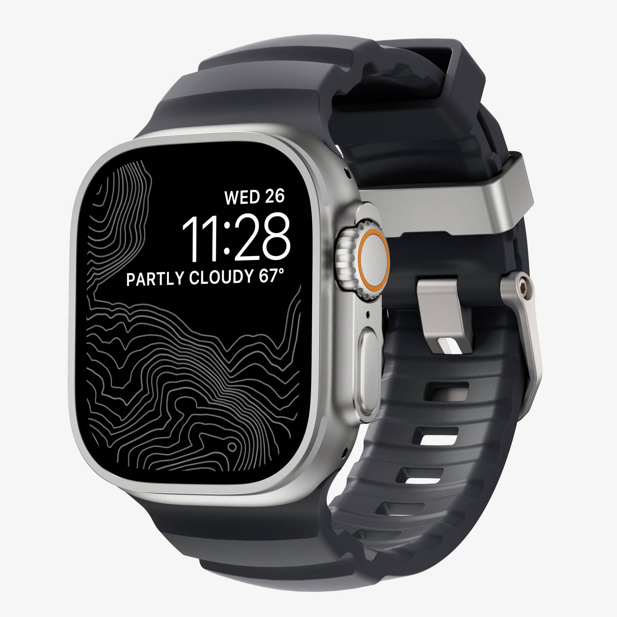 Sølvfarvt smartwatch med sort bånd, der viser 11:28, ons 26, og "Delvis Skyet 67°" på en topografisk-stilet urskive.