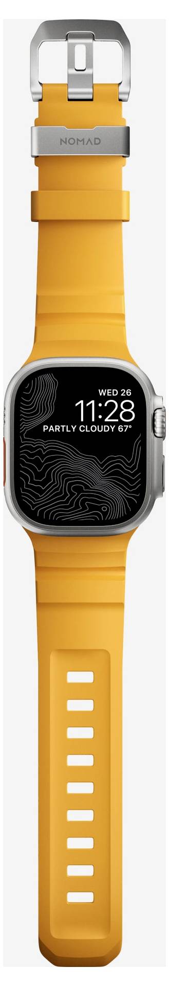 Orange smartwatch med en sort kvadratisk skærm, der viser "WED 12 11:28" og "PARTLY CLOUDY"; sølv-/orange kabinet og matchende rem.
