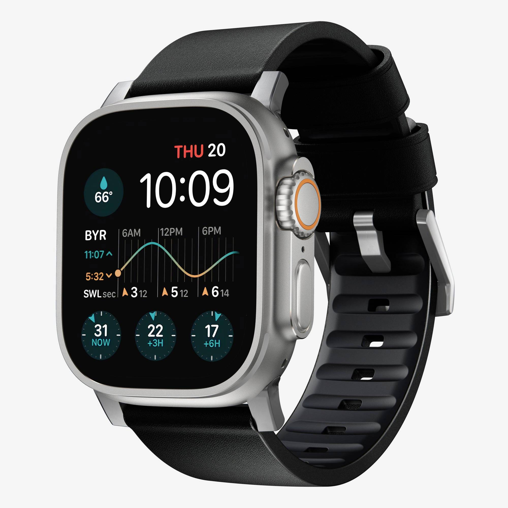 Sølv Apple Watch Ultra med sort rem, der viser en urskive med tiden 10:09, torsdag 20, vejr og aktivitets-/grafikudgaver.
