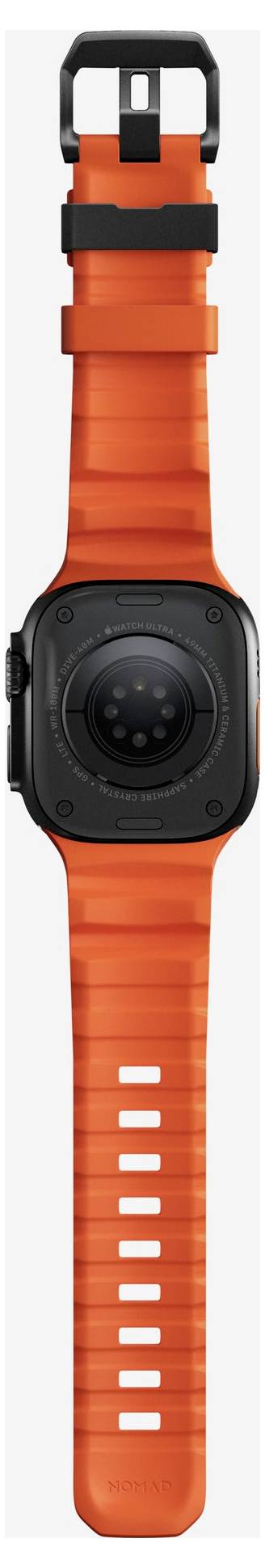 Frontalvisning af et orange armbåndsur med sort rundt ur-skive og sort spændebånd.