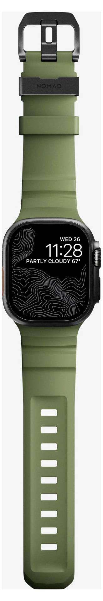 Grønt Garmin smartwatch med sort urskærm, der viser onsdag 11:28 og delvis skyet vejr, på et oliven farvet bånd.