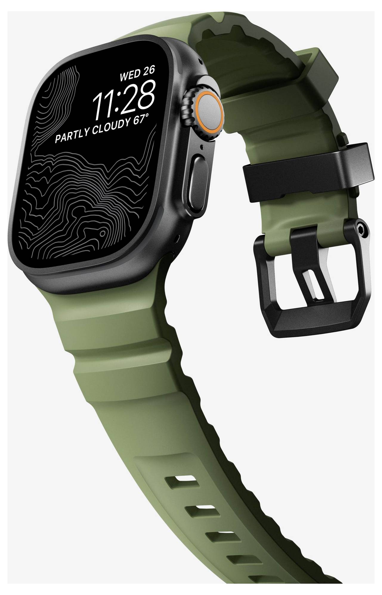 Olivengrøn smartwatch med sort kabinet og spænde-stil rem vist på hvid baggrund.