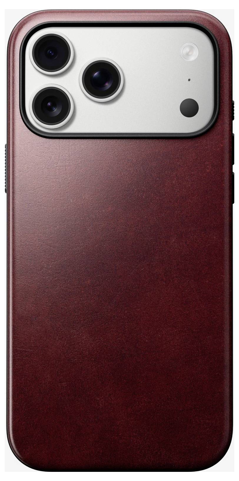Tæt billede af et rødt smartphone-cover med en triple-lens bagkamera-udskæring og blitzåbning.